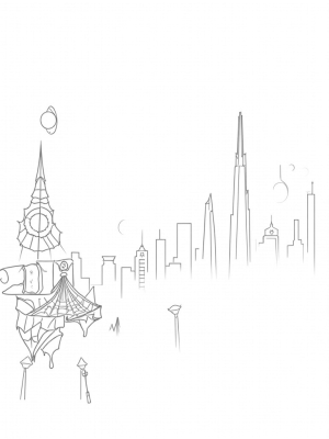 Twilight Urban Skyline with Spider Clock Tower