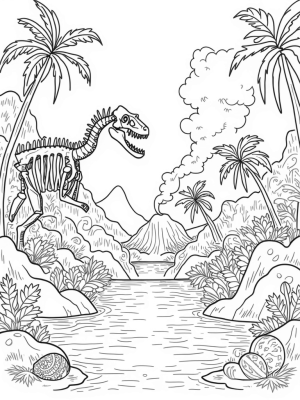 Prehistoric Jungle with Dinosaur Skeleton and Colorful Eggs