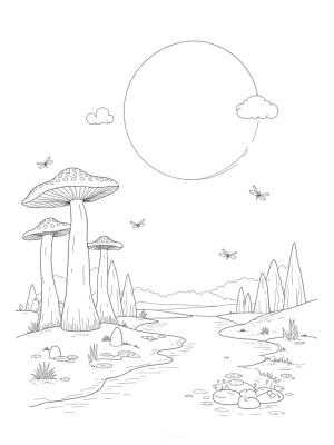 Forest Glade with Flower Sun and Colorful Mushrooms