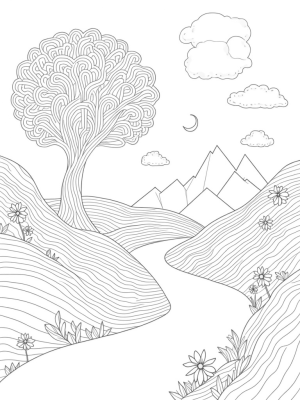 Dreamy Landscape with Musical Tree and Mandala Flowers