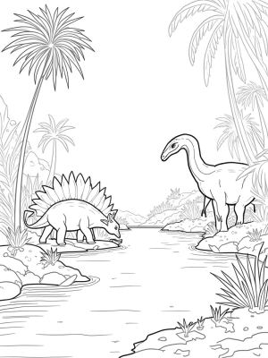 Brontosaurus Drinking by the River in a Prehistoric Jungle