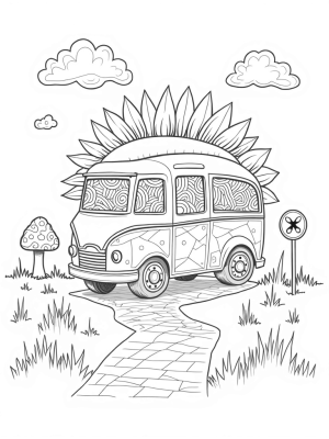 Sunflower Shaped Bus with Ladybug Sign and Colorful Path