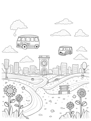 Floating Buses and Colorful Paintbrushes in a Whimsical Cityscape