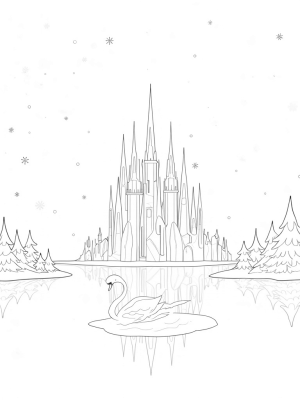 Magical Ice Palace with Luminous Lake and Swan Sculpture