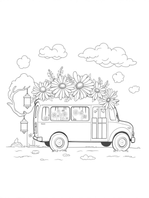 Garden Bus with Flower Wheels and Lanterns