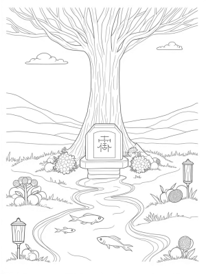 Serene Garden with Towering Tree and Flowing Stream