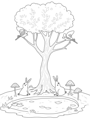 Giant Tree and Colorful Birds in a Woodland Scene