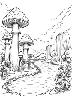 Giant Mushrooms and a Winding River in a Magical Forest