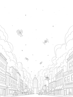 City Skyline with Spider Webs and Cartoon Spiders