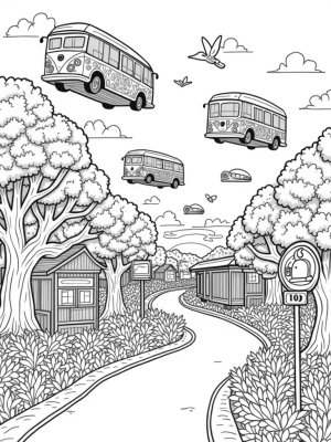 Floating Buses in a Whimsical Cityscape