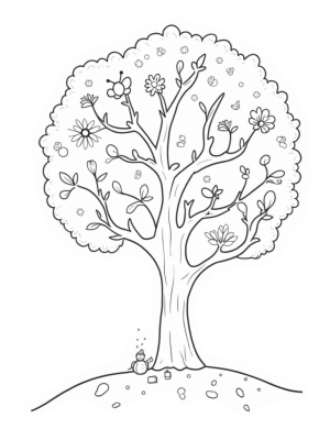 Seasons Tree with Spring Flowers, Summer Fruits, Autumn Leaves, and Winter Snowman