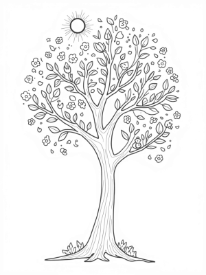 Four Seasons Tree with Flowers, Leaves, Snowflakes, and Rain