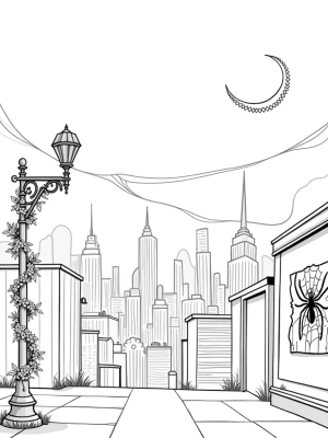 Cityscape at Dusk with Spider Symbols