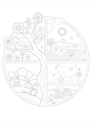 Circular Tree of Seasons with Flowers, Sun, Leaves, and Snowflakes