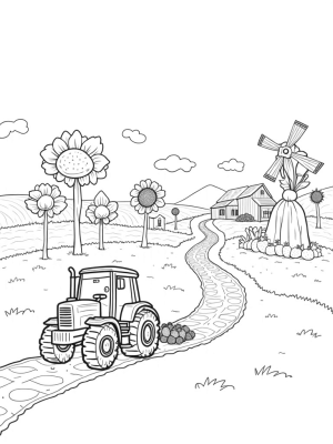 Whimsical Farm with Oversized Vegetables and a Sunflower Barn