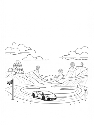 Sleek Lamborghini on a Winding Road with Giant Flowers