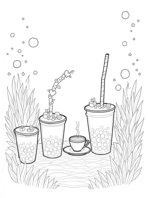 Oversized Boba Cups in a Tea Garden