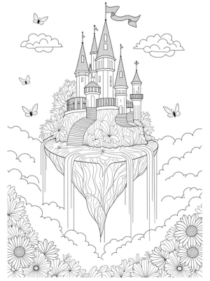 Floating Castle with Waterfalls and a Whimsical Garden