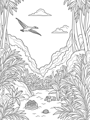 Prehistoric Jungle with Dinosaur Footprint and Eggs