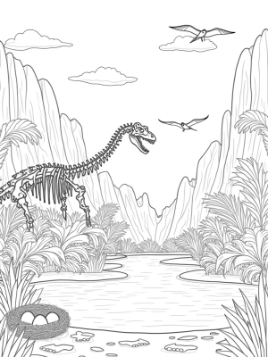 Dinosaur Skeleton in a Prehistoric Jungle