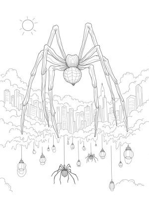 Urban Skyline with Spider Silhouette and Comic Panels