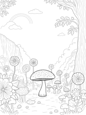 Lush Garden with Giant Flowers and Toadstool Table
