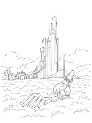 Titan Hand and Abandoned Machinery Under a Crumbling Wall