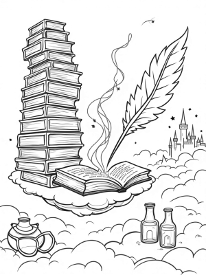 Floating Library with Spellbook Shelves and Enchanted Glasses