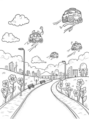 Floating Buses and Giant Flowers Cityscape