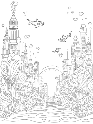 Underwater City with Colossal Sharks and Coral Archways