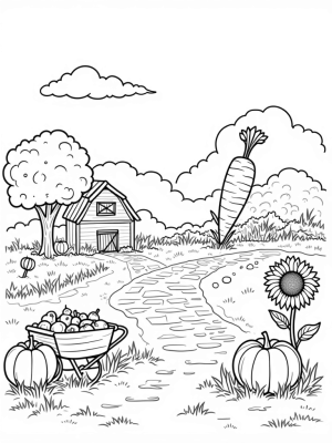 Giant Carrot and Cozy Barn in a Whimsical Farm Landscape