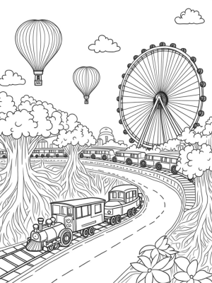 Hot Air Balloons and Vintage Trains in a Whimsical Cityscape