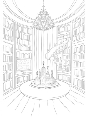 Magical Library with Potion Bottles and Spellbooks