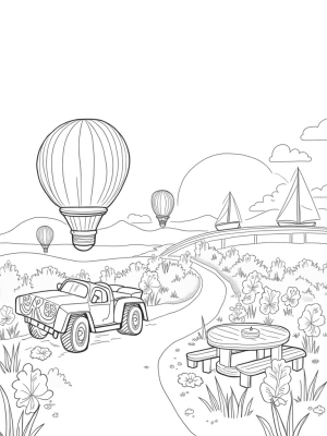 Whimsical Cityscape with Hot Air Balloons and Vintage Cars