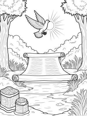 Serene Garden with Ancient Scroll and Dove