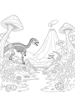 Dinosaur Skeleton in a Colorful Prehistoric Jungle