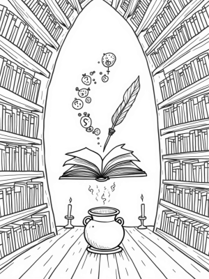 Magical Library with Floating Spellbook and Enchanted Candles