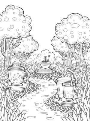 Boba Tea Garden with Bubble Tea Trees and Colorful Cups