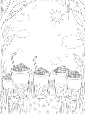Boba Tea Garden with Oversized Cups and Playful Bubbles