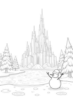 Majestic Ice Palace Surrounded by Snowflakes and Pine Trees