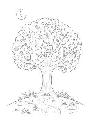 Four Seasons Tree with Blossoms, Fruits, Leaves, and Snowflakes