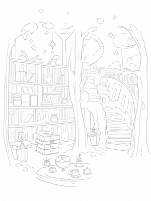 Enchanted Library with Floating Books and Starry Ceiling