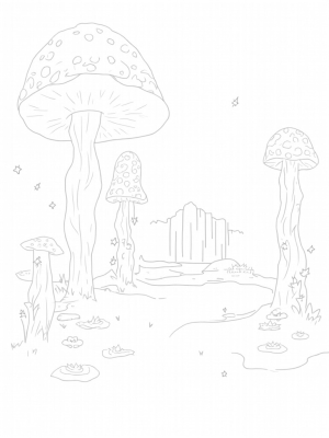 Enchanted Forest with Towering Mushrooms and a Sparkling Pond