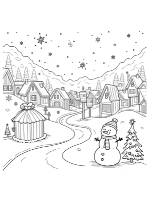 Holiday Village with Gingerbread Houses and Snowman