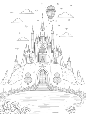 Majestic Castle with Whimsical Topiary and Shimmering Pond