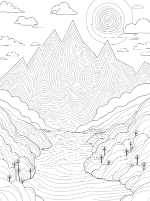 Geometric Mountain Landscape with Spiral Trees
