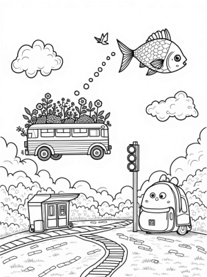 Floating Buses in a Whimsical Cityscape