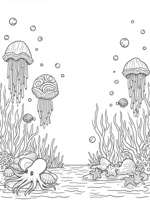 Underwater Garden with Seashells and Jellyfish