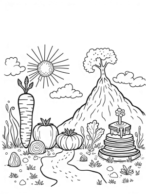 Giant Fruits and Vegetables in a Whimsical Garden