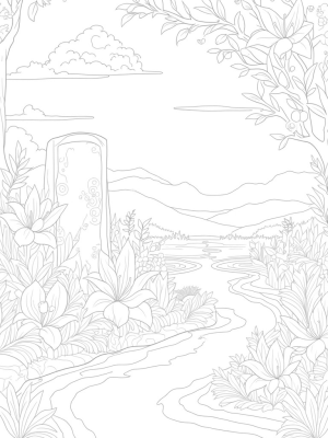 Tranquil Garden with Ancient Tablet and Golden Tree